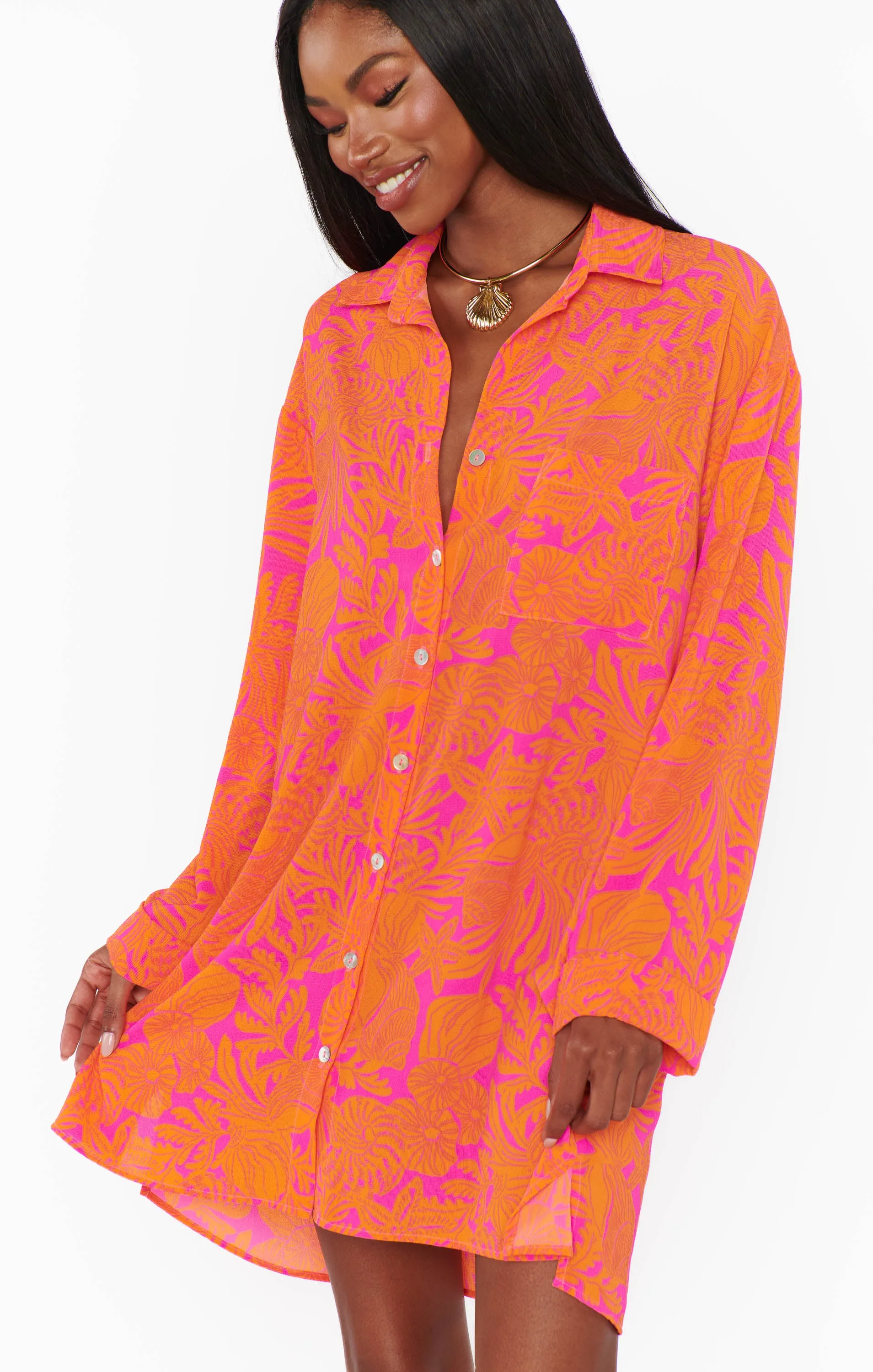 Beachclub Button Down ~ Fuchsia Shells Pebble