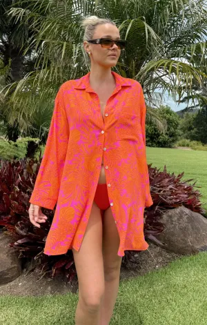 Beachclub Button Down ~ Fuchsia Shells Pebble