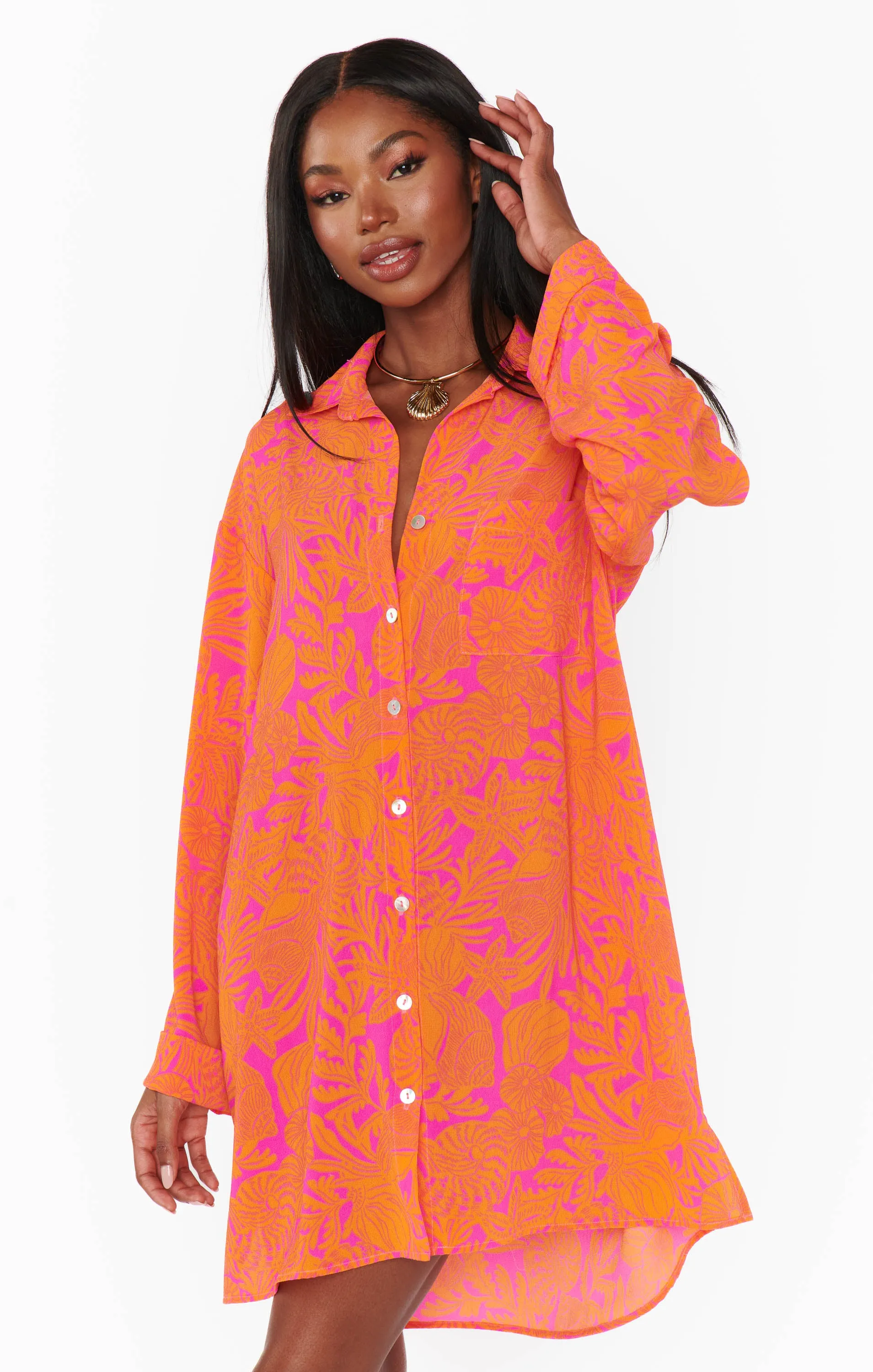 Beachclub Button Down ~ Fuchsia Shells Pebble