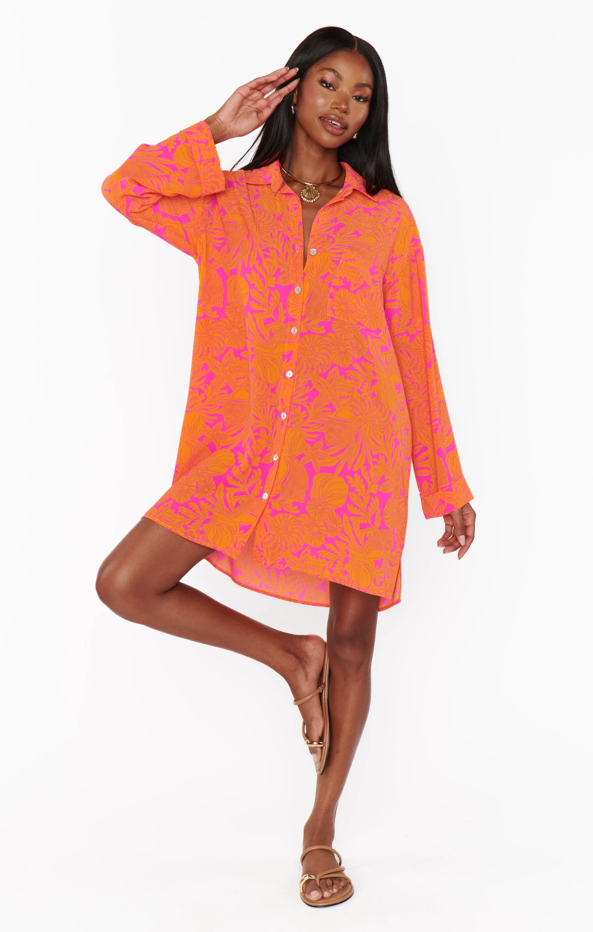 Beachclub Button Down ~ Fuchsia Shells Pebble