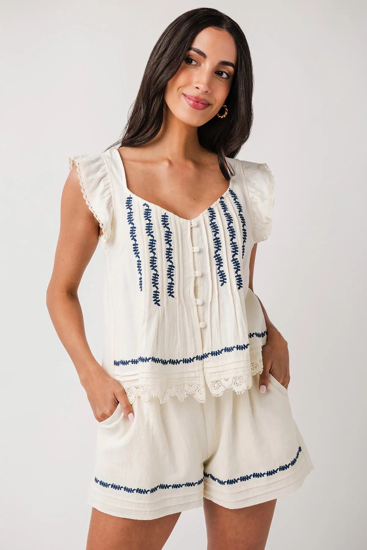 By Together Embroidered Lace Trim Shorts