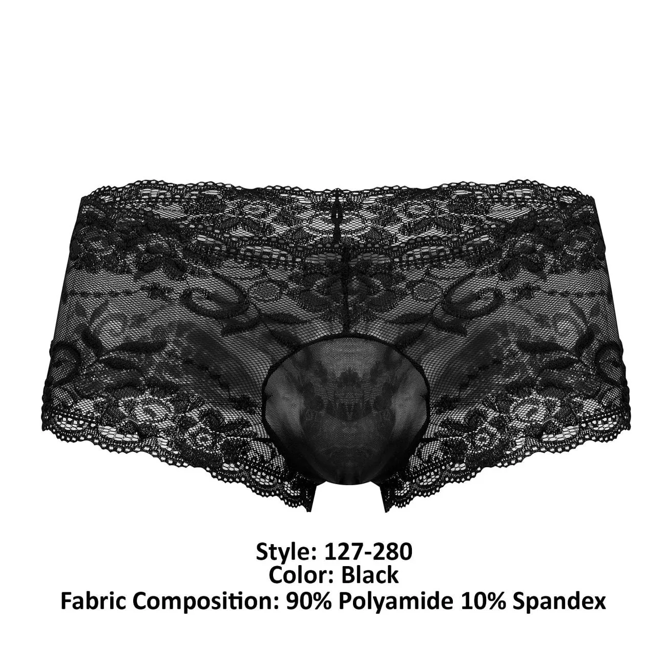 Clothing_Male Power_Mens Underwear Male Power 127-280 Sassy Lace Mini Short Sheer Pouch Color Black