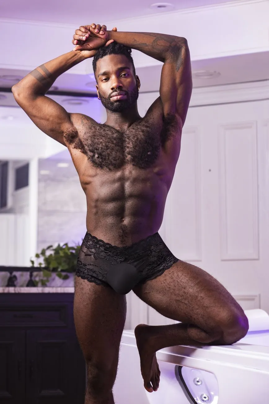 Clothing_Male Power_Mens Underwear Male Power 127-280 Sassy Lace Mini Short Sheer Pouch Color Black