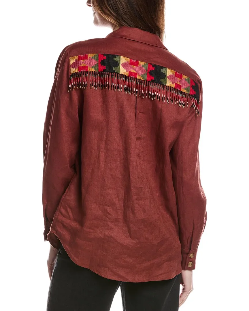 FARM RIO Beaded Fringe Linen Shirt
