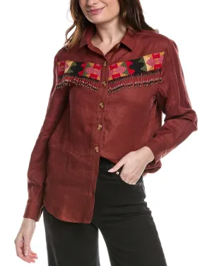 FARM RIO Beaded Fringe Linen Shirt