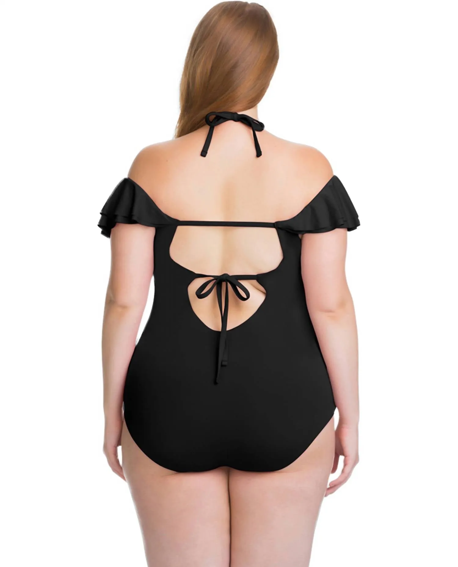 Flounce Off The Shoulder Ruffle One Piece Swimsuit - Plus In Black