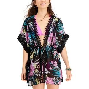 Juniors Womens Floral Lace Inset Kimono Swim Cover-Up