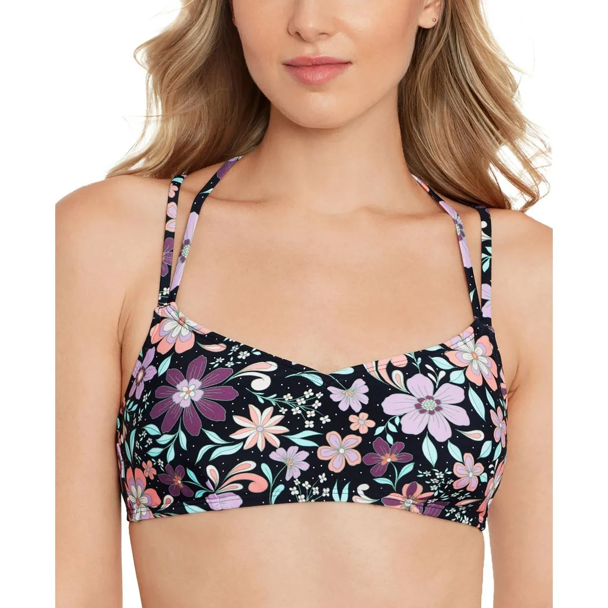 Juniors Womens Strappy Floral Print Bikini Swim top