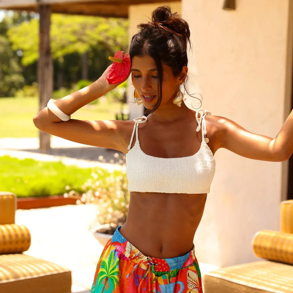 KULANI KINIS Simple Shirred Tie Crop Top - Natural White