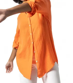 Long Sleeve Button Down Tunic In Tangelo