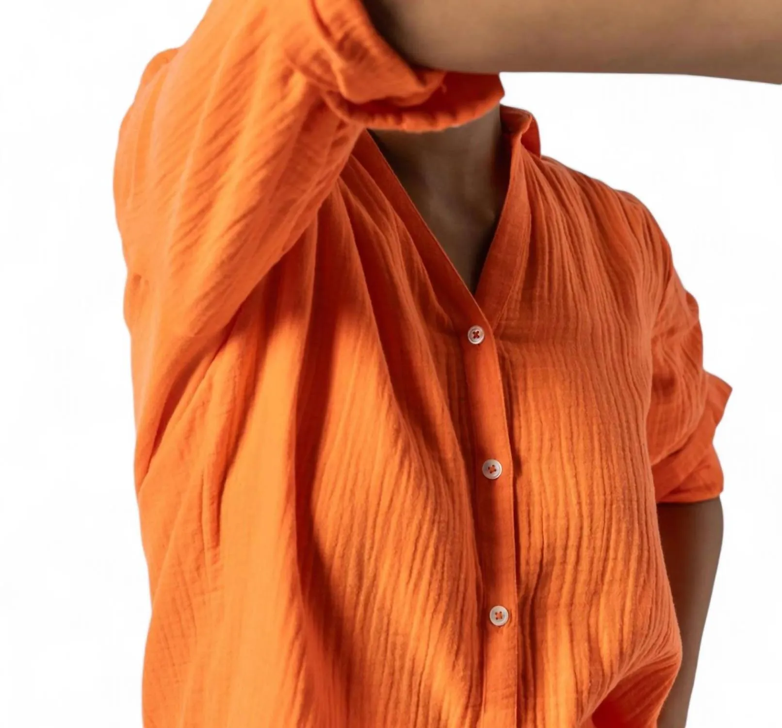 Long Sleeve Button Down Tunic In Tangelo