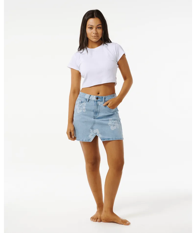 Rip Curl Hibiscus Heat Overdyed Denim Skirt-Light Blue