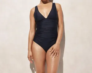 Ruched V Neck One Piece Swimsuit In Navy