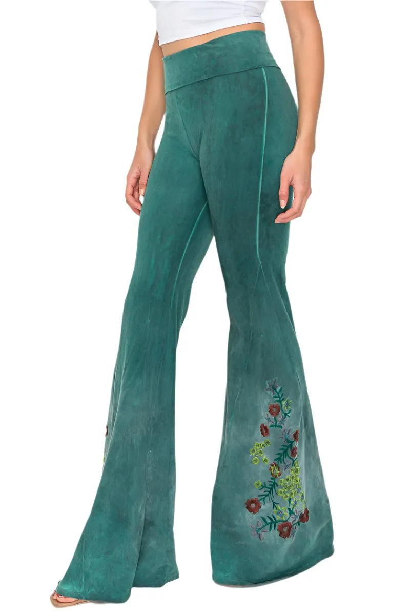 T-Party Floral Embroidery Oil Based Washed Yoga Pant 7207CJ230 Hunter Green