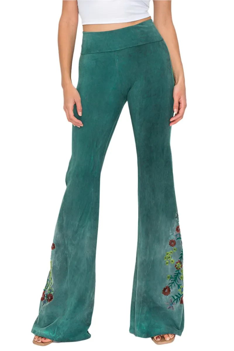 T-Party Floral Embroidery Oil Based Washed Yoga Pant 7207CJ230 Hunter Green