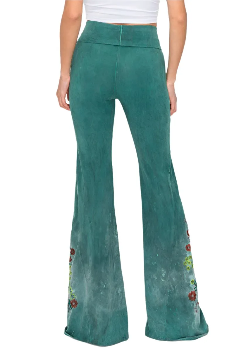 T-Party Floral Embroidery Oil Based Washed Yoga Pant 7207CJ230 Hunter Green