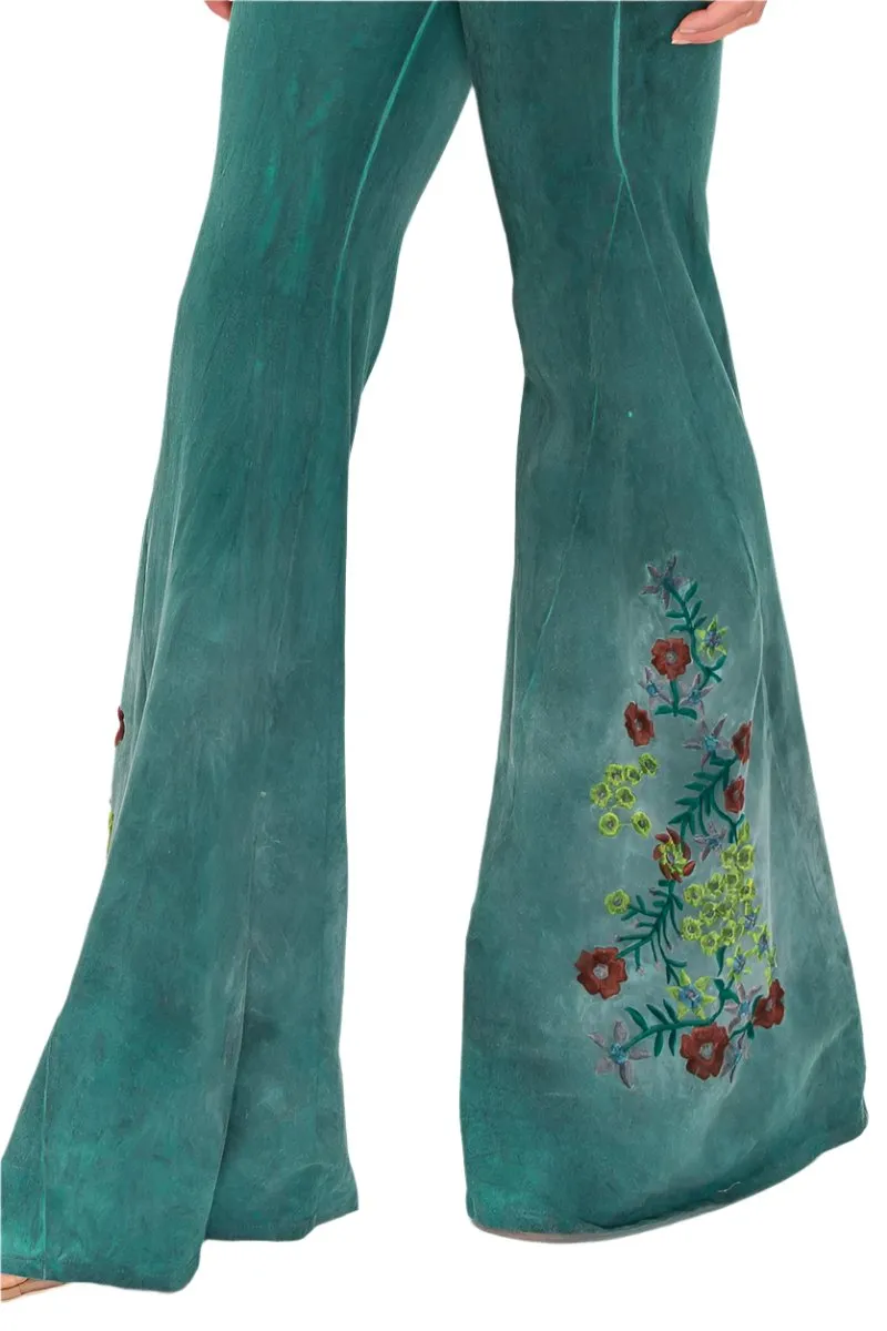 T-Party Floral Embroidery Oil Based Washed Yoga Pant 7207CJ230 Hunter Green