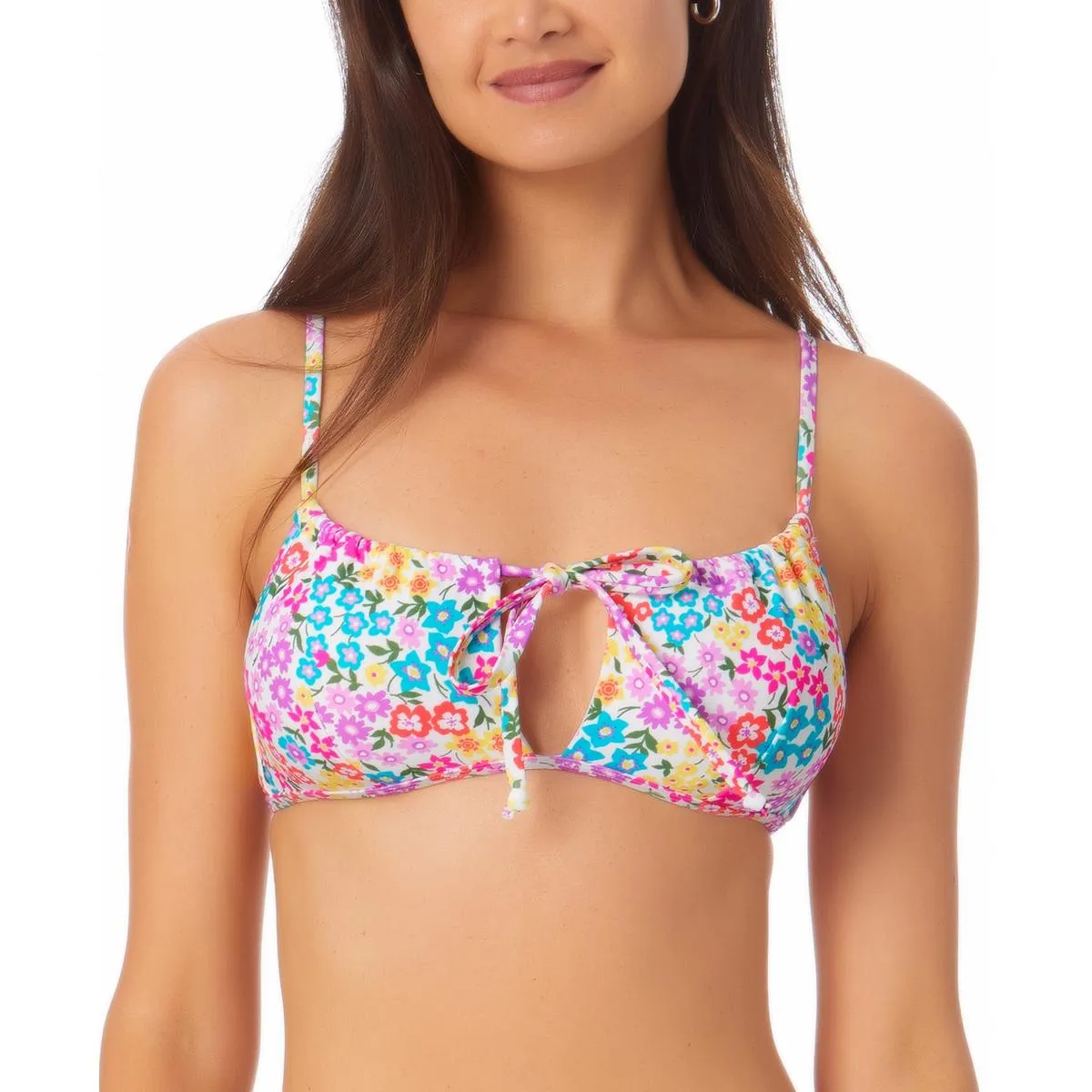 Womens Floral Print Knot-Front Bikini Swim Top
