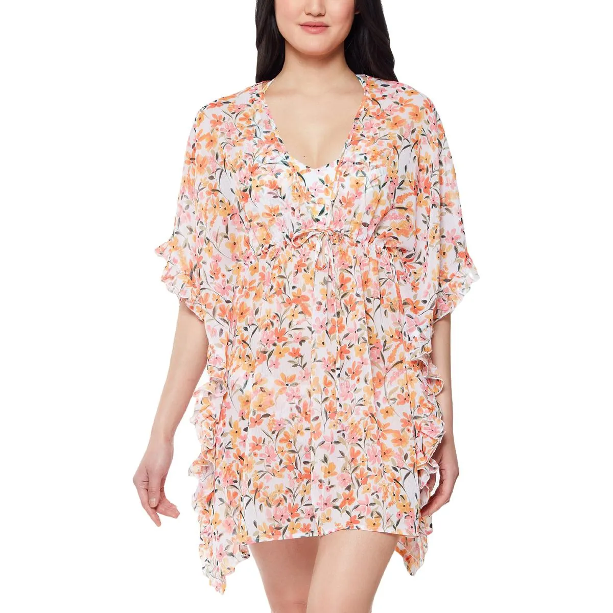 Womens Floral Sheer Caftan Swim Cover-Up