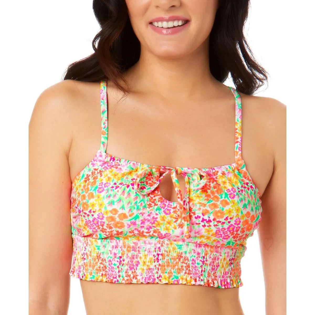 Womens Floral Smocked Bikini Swim top