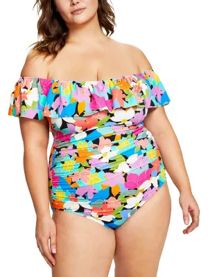 Womens Off-The-Shoulder Floral Print One-Piece Swimsuit