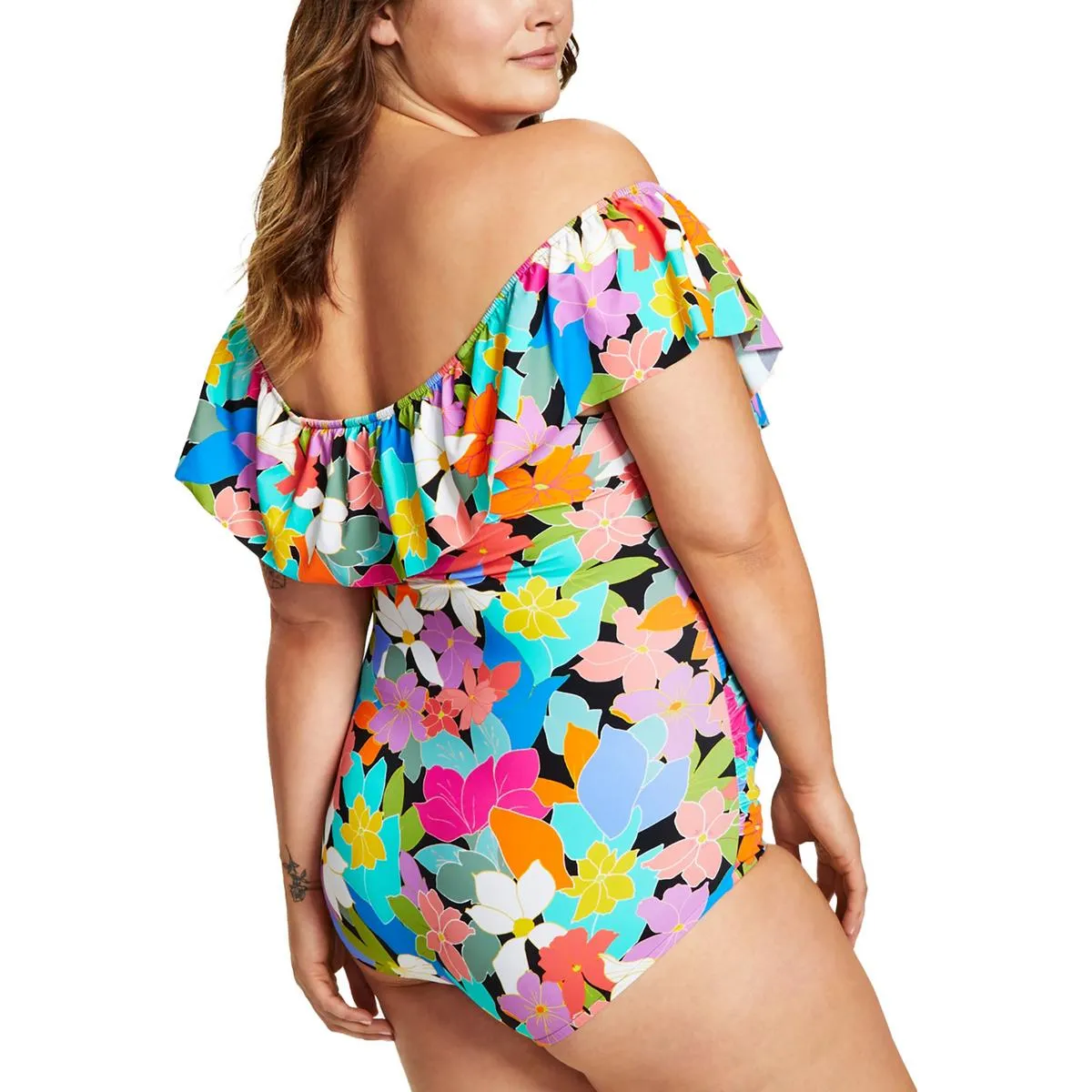 Womens Off-The-Shoulder Floral Print One-Piece Swimsuit