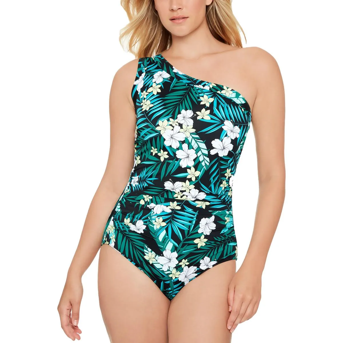 Womens One Shoulder Floral Print One-Piece Swimsuit