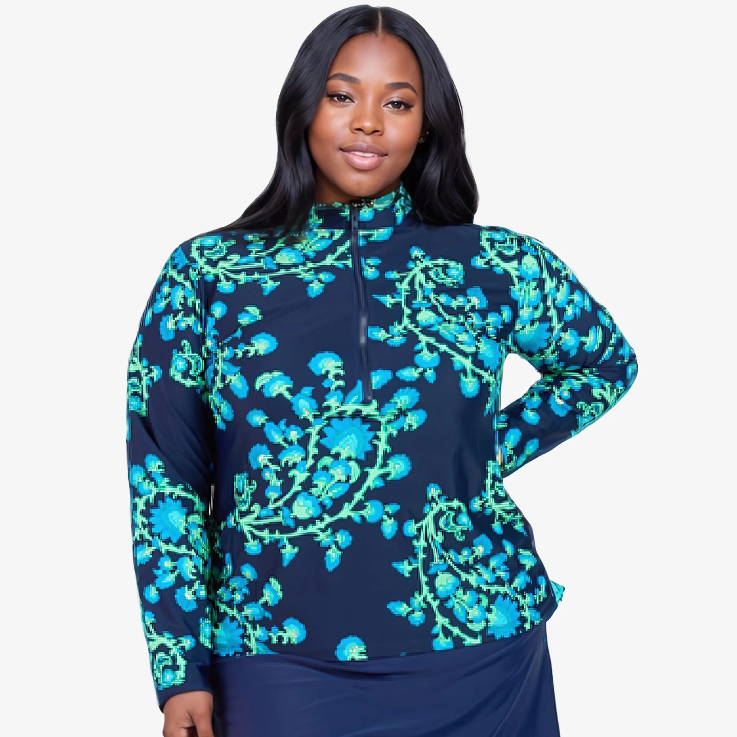 Women's Plus Half-Zip Long Sleeve Rash Guard Nora Swim Top