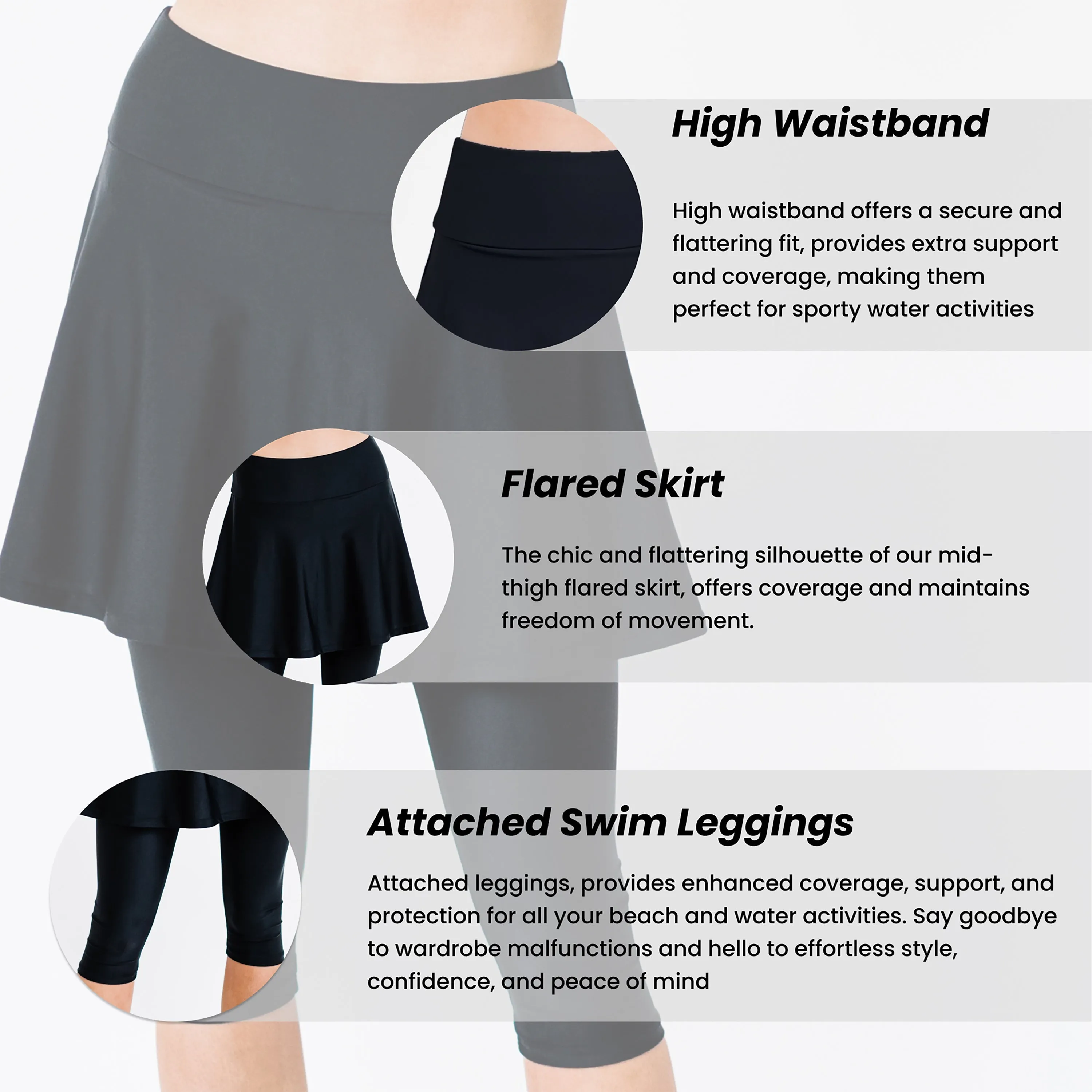 Women's Plus High Waisted Flared Swim Skort With attched Capri Leggings