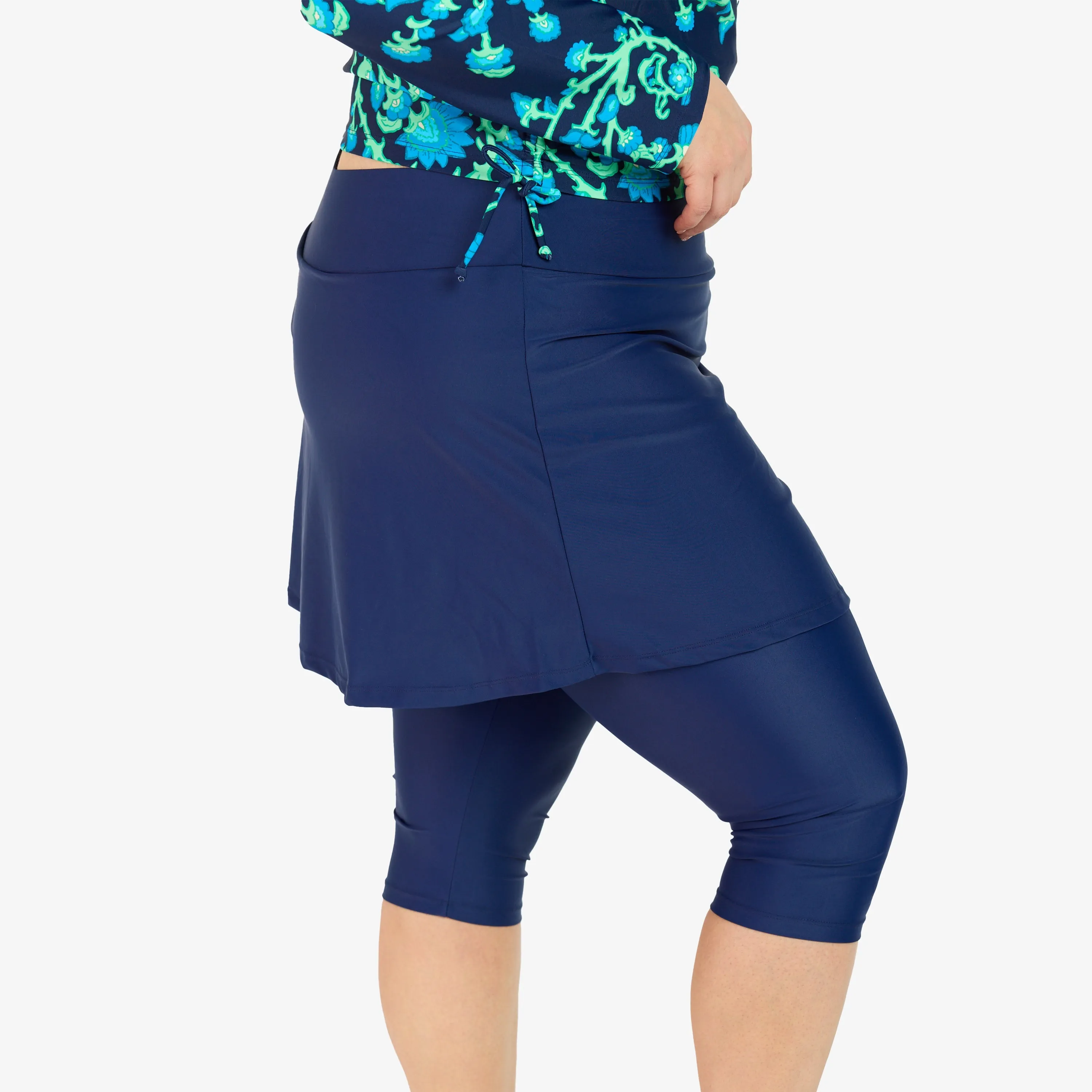 Women's Plus High Waisted Flared Swim Skort With attched Capri Leggings