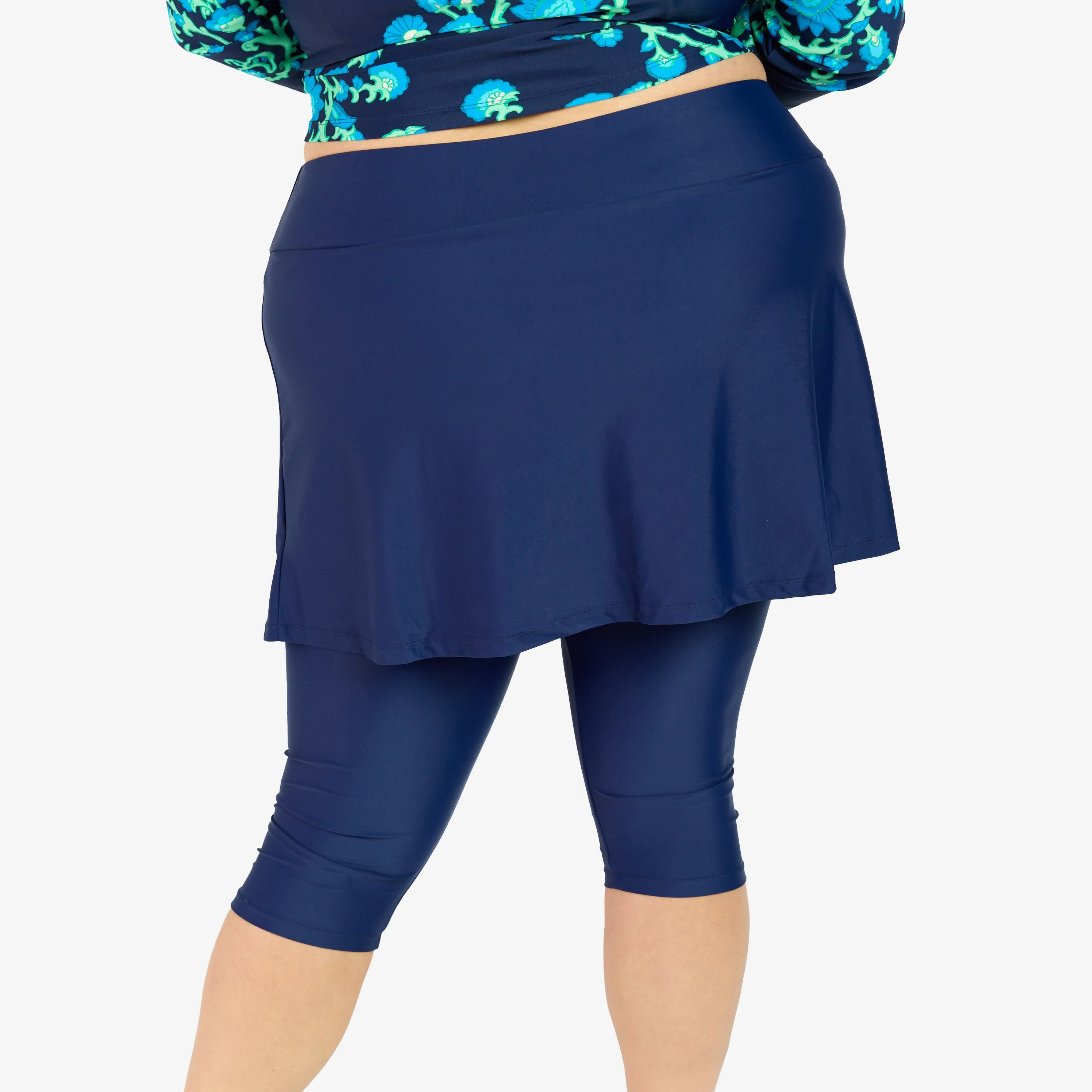 Women's Plus High Waisted Flared Swim Skort With attched Capri Leggings
